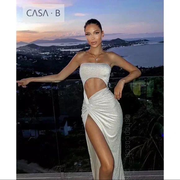 CASA B| Cocktails In Capri High Slit Champagne Shimmer Dress - Picture 3 of 6